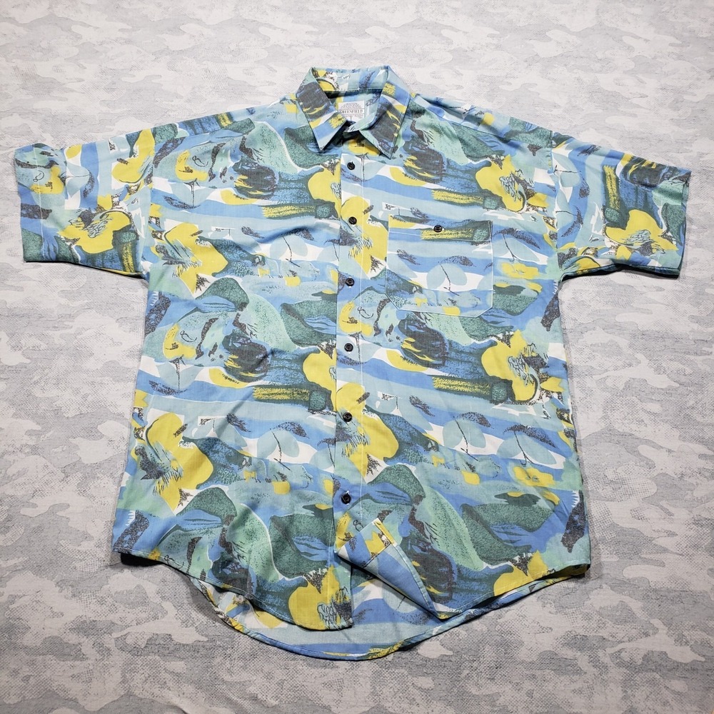 Greenfield Hawaiian Shirt Mens Medium Blue Short Sleeve Button Up Front Pocket